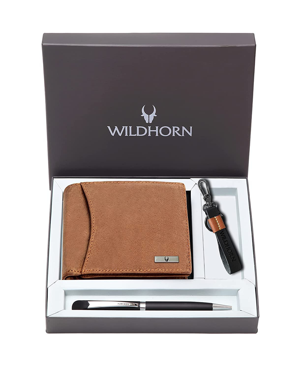 WildHorn Gift Hamper for Men I Leather Wallet, Keychain & Pen Combo Gift Set I Gift for Friend, Boyfriend,Husband,Father, Son etc (Tan H M)