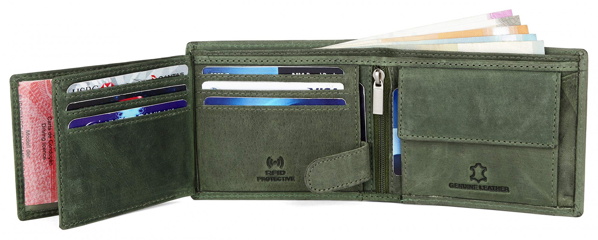 WildHorn Green Leather Wallet for Men I 9 Card Slots I 2 Currency & Secret Compartments I 1 Zipper & 3 ID Card Slots