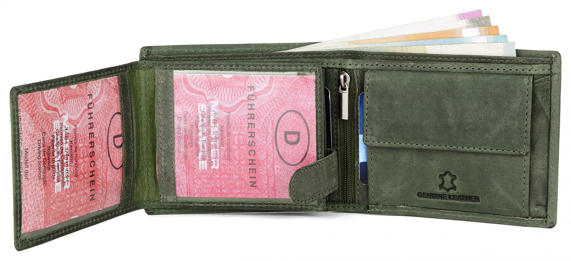 WildHorn Green Leather Wallet for Men I 9 Card Slots I 2 Currency & Secret Compartments I 1 Zipper & 3 ID Card Slots
