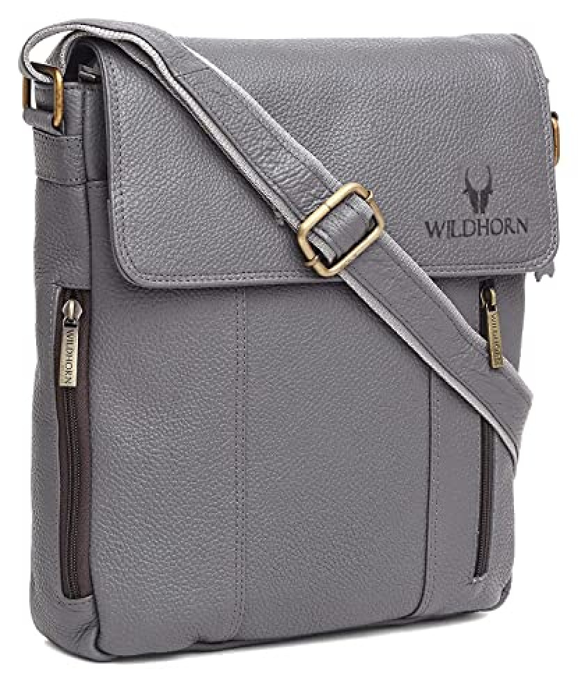 WildHorn Leather 11 inch Sling Messenger Bag for Men I Multipurpose  Crossbody Bag I Travel Bag with Adjustable Strap (Grey)