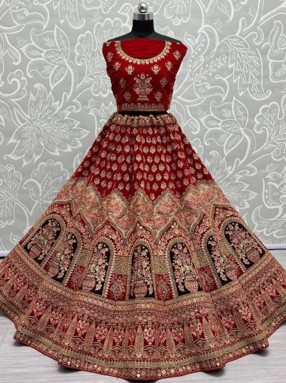 Winsome Red Multi-Work Velvet Bridal Lehenga Choli Semi Stitched