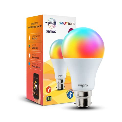 Wipro 9W B22D WiFi LED Smart Bulb with Music Sync Function, Compatible with Amazon Alexa and Google Assistant (16M Colours, Warm White/Neutral White/White + Dimmable) Pack of 1