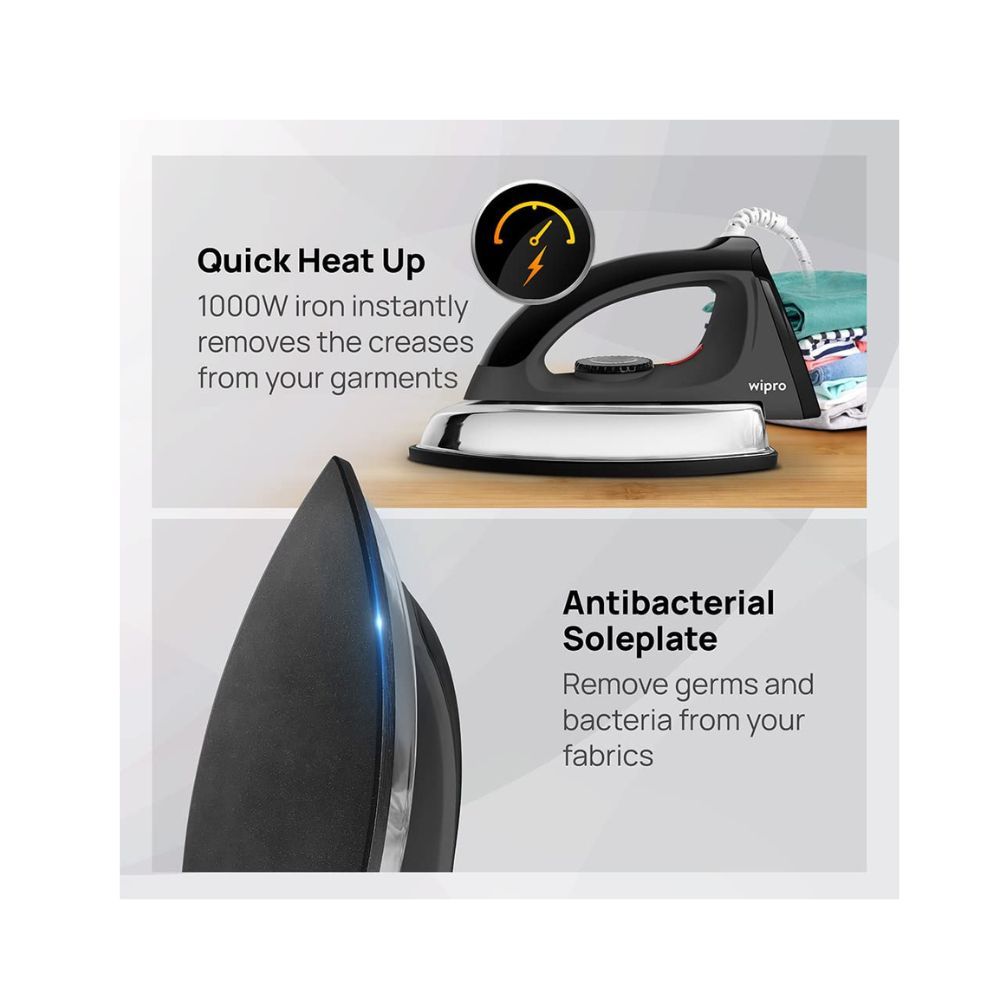 Wipro Vesta 1000 Watt GD204 Heavyweight Automatic Dry Iron Quick Heat Up Anti bacterial