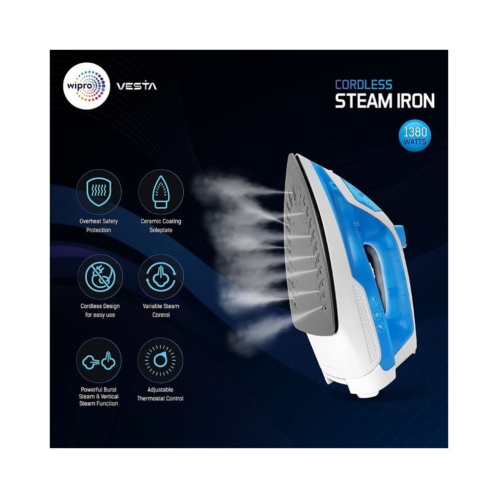 Wipro Vesta 1380W Cordless Steam Iron Quick heat up with 20gm min Steam Burst Scratch resistant Ceramic soleplate