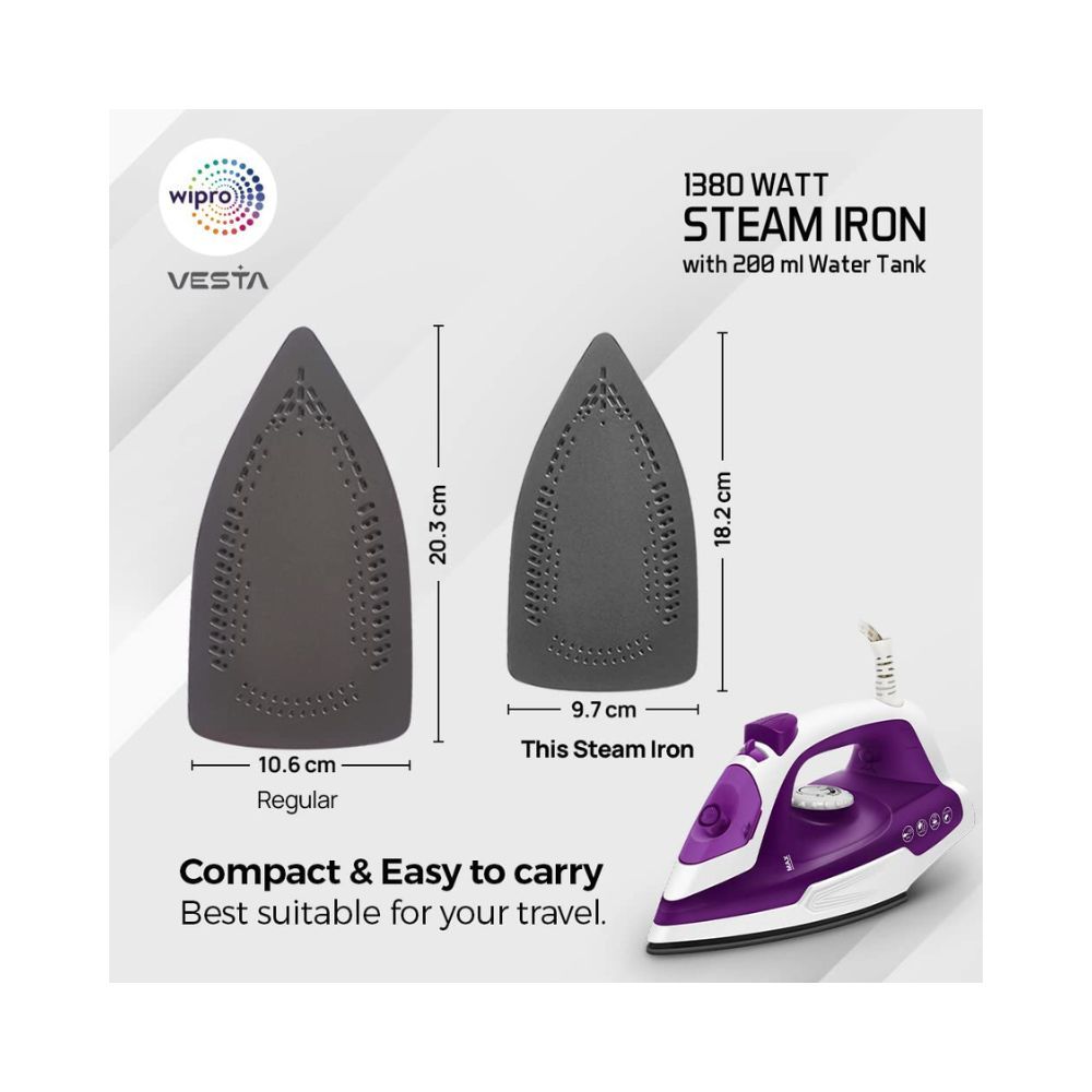 Wipro Vesta 1380Watt Compact Steam Iron|Smart light sensor|Self Cleaning Func