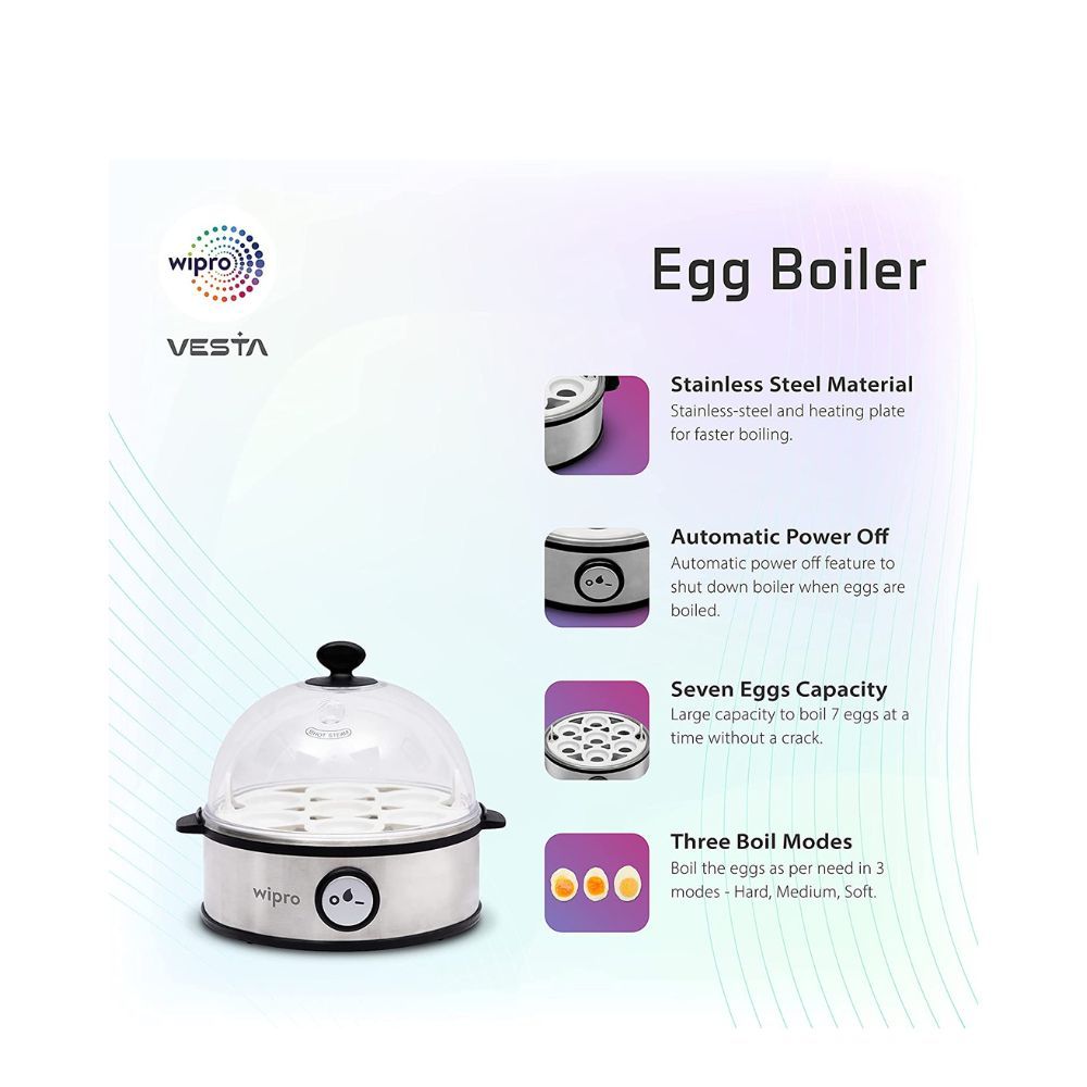 Wipro Vesta Electric Egg Boiler 360 Watts 3 Boiling Modes Stainless Steel Body and Heating Plate