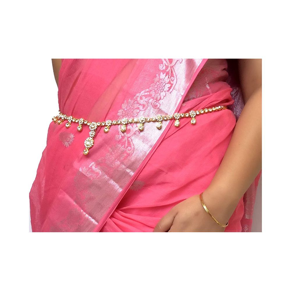 WomenSky Stylish Golden Gold Plated Brass Crystal Ottiyanam Kamarband for Women
