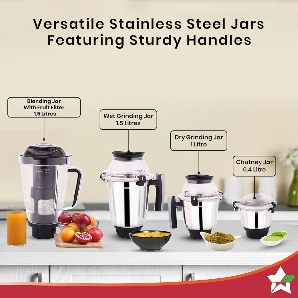 Wonderchef Galaxy Mixer Grinder 750 100 Copper Motor 4 Stainless Steel Jars Black  Grey 5 Years Warranty