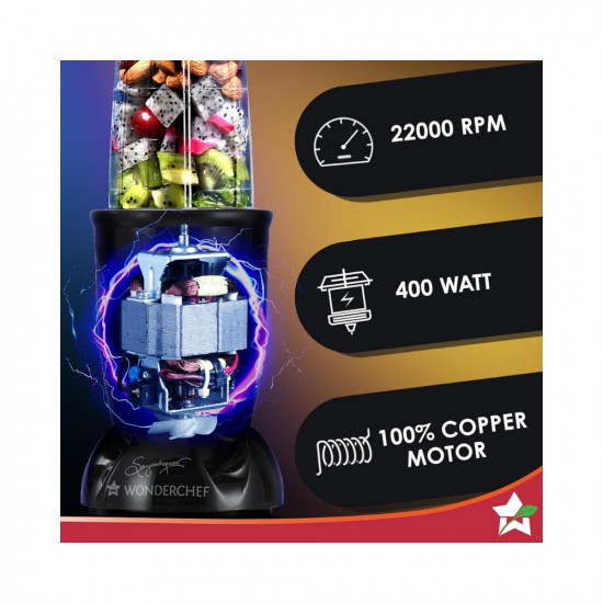 Wonderchef Nutri-blend Juicer Mixer Grinder  Chopper400W 100 Full Copper Motor Complete Kitchen Machine4 Unbreakable Jars2 Years WarrantyRecipe Book By Chef Sanjeev KapoorBlack