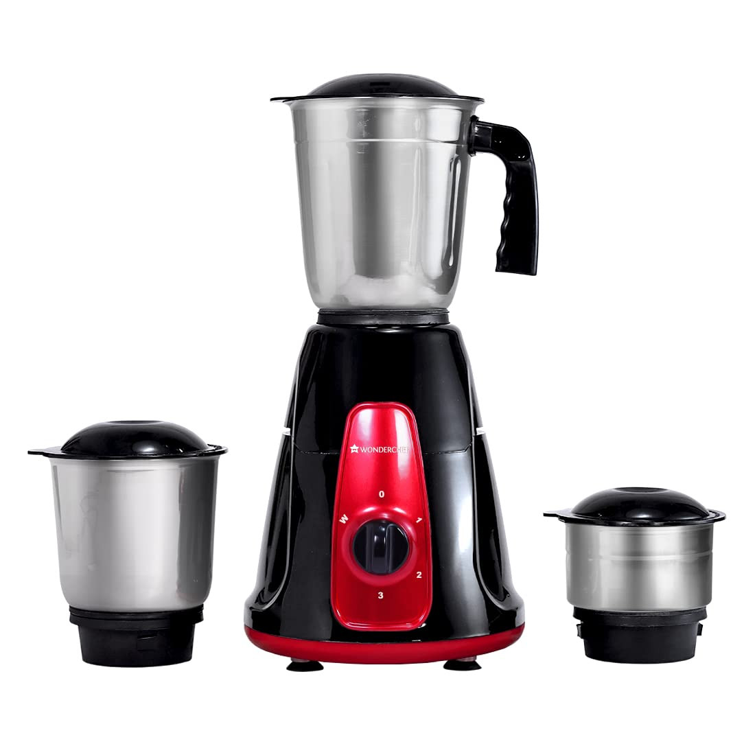 Wonderchef Platinum 500W Mixer Grinder  3 leak-proof stainless steel Jars with secure lids  Powerful 500W motor  3-Speed  Pulse Function  Anti Skid Feets  5 years warranty on motor  Black  Red