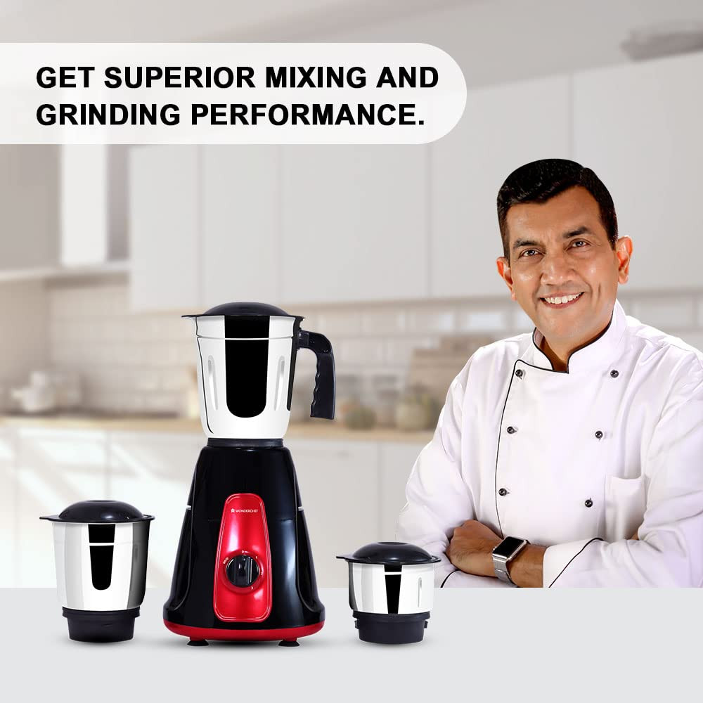 Wonderchef Platinum 500W Mixer Grinder  3 leak-proof stainless steel Jars with secure lids  Powerful 500W motor  3-Speed  Pulse Function  Anti Skid Feets  5 years warranty on motor  Black  Red