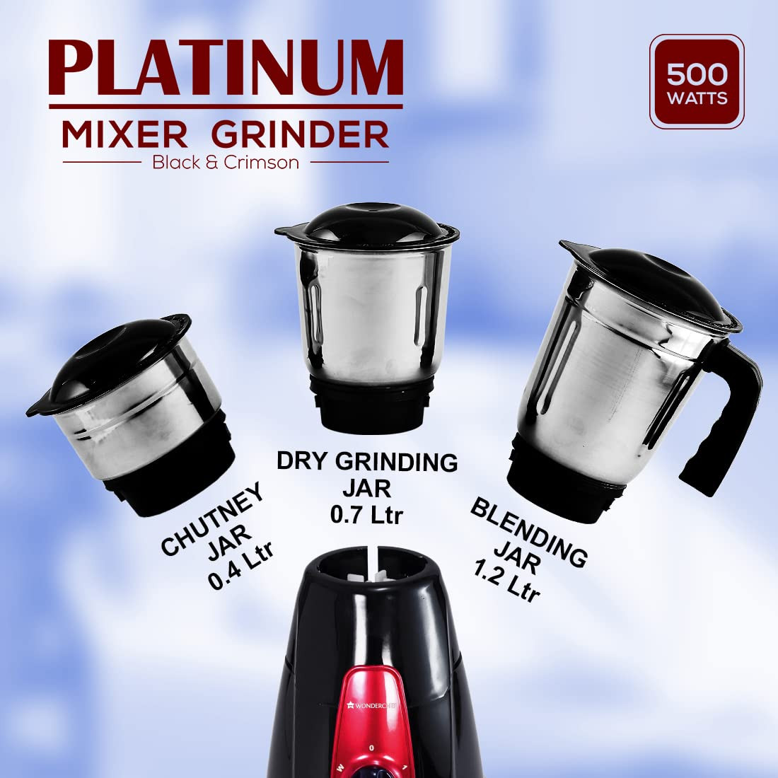 Wonderchef Platinum 500W Mixer Grinder  3 leak-proof stainless steel Jars with secure lids  Powerful 500W motor  3-Speed  Pulse Function  Anti Skid Feets  5 years warranty on motor  Black  Red