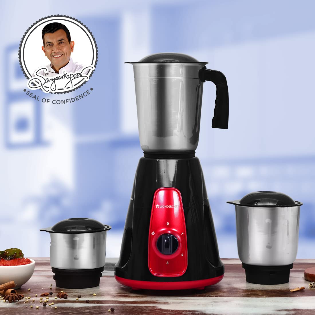 Wonderchef Platinum 500W Mixer Grinder  3 leak-proof stainless steel Jars with secure lids  Powerful 500W motor  3-Speed  Pulse Function  Anti Skid Feets  5 years warranty on motor  Black  Red
