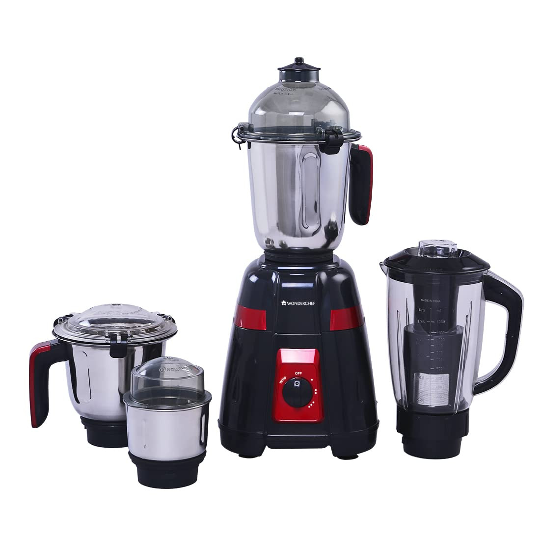 Wonderchef Platinum 750W Mixer Grinder  4 Stainless Steel Jars with Fruit Filter Jar  Powerful 750W motor  3-Speed  Pulse Function  Anti Skid Feets  5 years warranty on motor  Black  Red