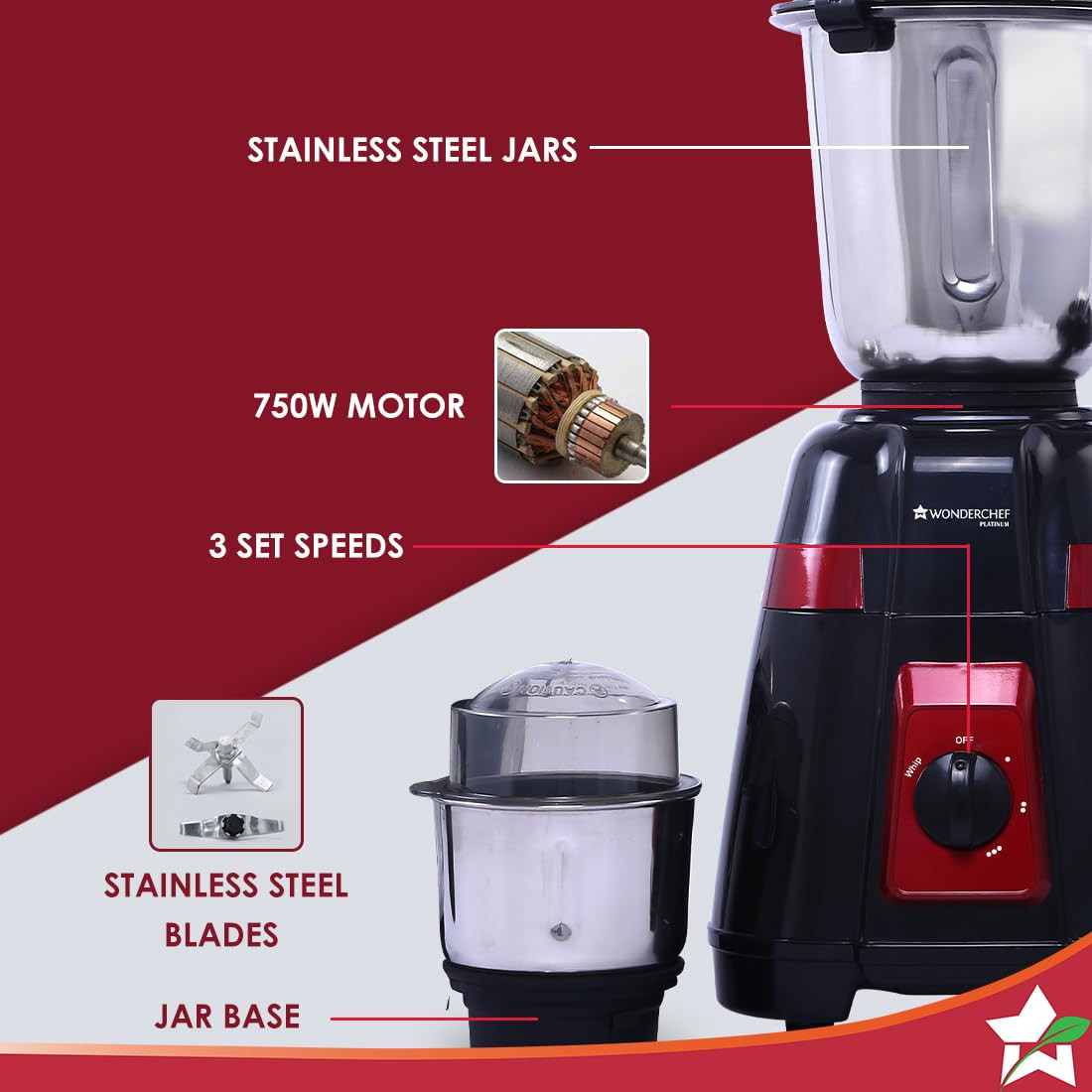 Wonderchef Platinum 750W Mixer Grinder  4 Stainless Steel Jars with Fruit Filter Jar  Powerful 750W motor  3-Speed  Pulse Function  Anti Skid Feets  5 years warranty on motor  Black  Red