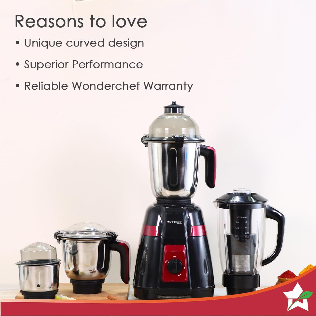Wonderchef Platinum 750W Mixer Grinder  4 Stainless Steel Jars with Fruit Filter Jar  Powerful 750W motor  3-Speed  Pulse Function  Anti Skid Feets  5 years warranty on motor  Black  Red