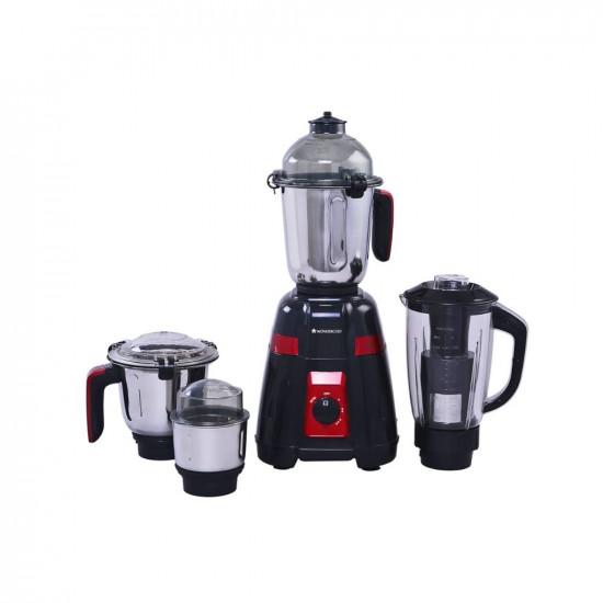 Wonderchef Platinum 750W Mixer Grinder  4 Stainless Steel Jars with Fruit Filter Jar  Powerful 750W motor  3-Speed  Pulse Function  Anti Skid Feets  5 years warranty on motor  Black  Red