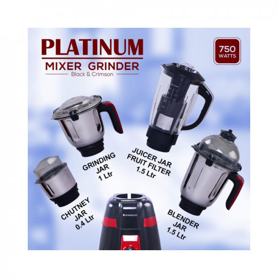 Wonderchef Platinum 750W Mixer Grinder  4 Stainless Steel Jars with Fruit Filter Jar  Powerful 750W motor  3-Speed  Pulse Function  Anti Skid Feets  5 years warranty on motor  Black  Red