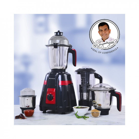 Wonderchef Platinum 750W Mixer Grinder  4 Stainless Steel Jars with Fruit Filter Jar  Powerful 750W motor  3-Speed  Pulse Function  Anti Skid Feets  5 years warranty on motor  Black  Red