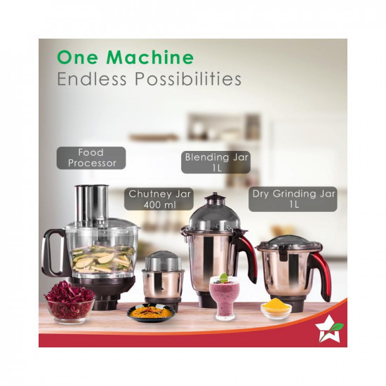 Wonderchef Platinum 750W Mixer Grinder with Food Processor  4 SS Jars with Fruit Filter Jar  Powerful 750W motor  Pulse Function  Anti Skid Feets  5 years warranty on motor  Black  Red