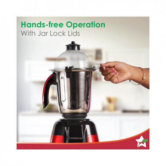 Wonderchef Platinum 750W Mixer Grinder with Food Processor  4 SS Jars with Fruit Filter Jar  Powerful 750W motor  Pulse Function  Anti Skid Feets  5 years warranty on motor  Black  Red