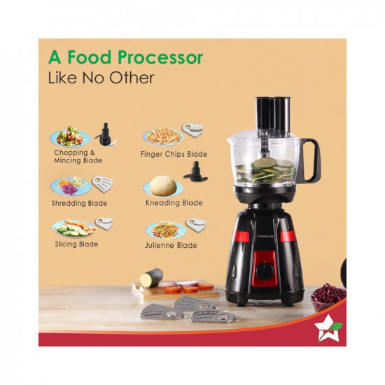 Wonderchef Platinum 750W Mixer Grinder with Food Processor  4 SS Jars with Fruit Filter Jar  Powerful 750W motor  Pulse Function  Anti Skid Feets  5 years warranty on motor  Black  Red