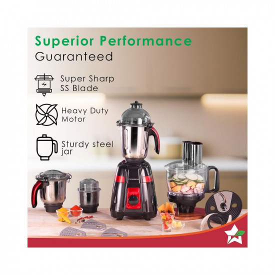 Wonderchef Platinum 750W Mixer Grinder with Food Processor  4 SS Jars with Fruit Filter Jar  Powerful 750W motor  Pulse Function  Anti Skid Feets  5 years warranty on motor  Black  Red