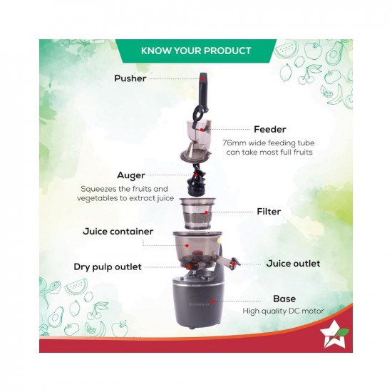 Wonderchef Regalia Full Fruit Cold Press Slow Juicer  55 Rpm Slow Juicer Retains Higher Nutrients  240 Watts Powerful Dc Motor  Easy To Clean  5-Year Motor Warranty