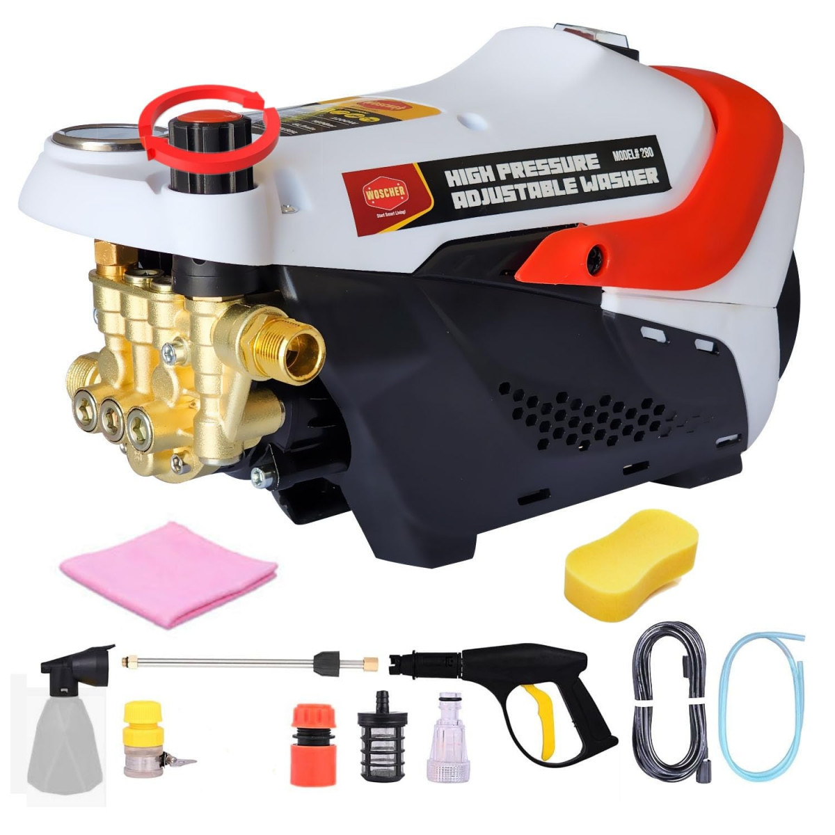 Woscher 280 Waterpro 2200 Watts Car High Pressure Adjustable Washer  160 Bars 8L Min With 8 Metres Outlet Hose  Free Cleaning Sponge  Microfiber Cloth  1 Year  6 Months Warranty by Manufacturer