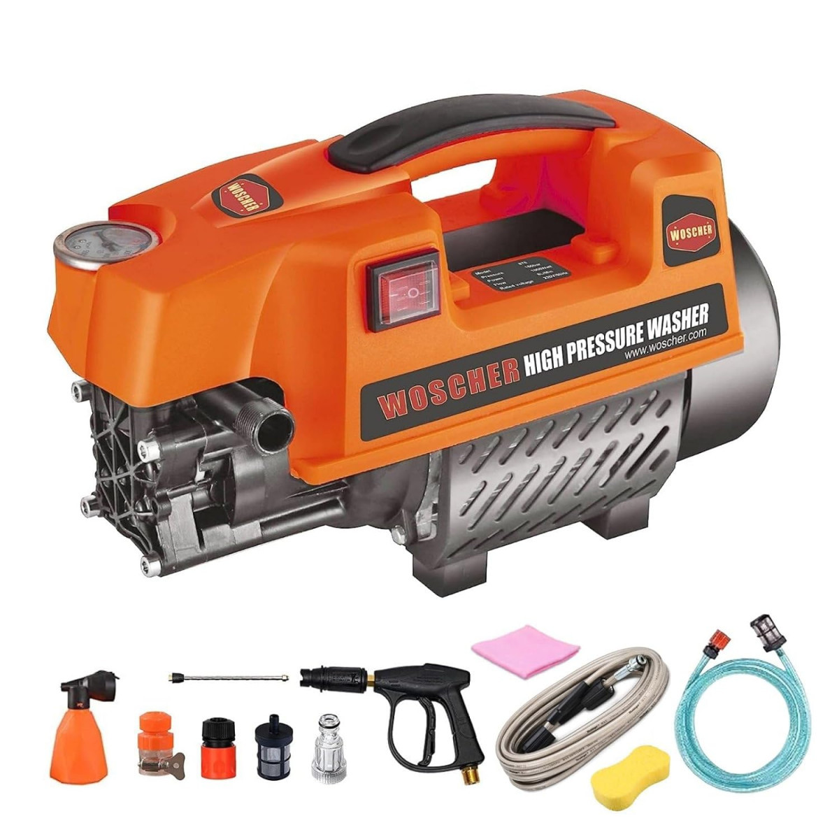 Woscher 878 Waterpro Washer High Pressure Washer Pump Machine1800 Watts 150 Bars 8L Min Water Flow Rate8 Metres Outlet Hose Portable for Car Bike and Home Cleaning Purpose Black  Orange