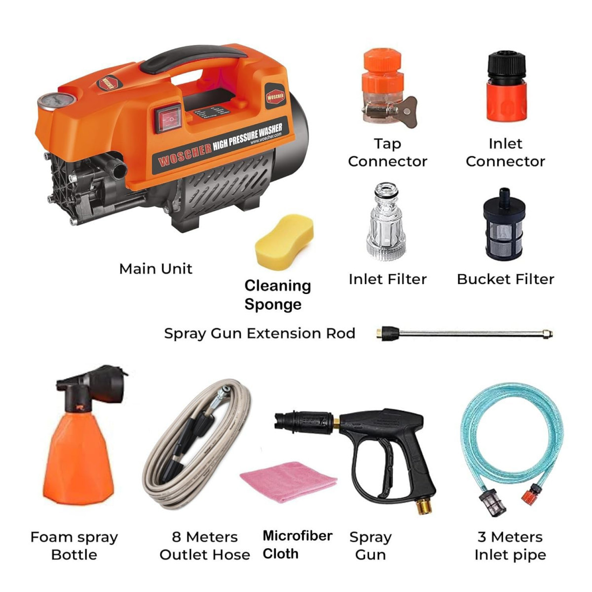 Woscher 878 Waterpro Washer High Pressure Washer Pump Machine1800 Watts 150 Bars 8L Min Water Flow Rate8 Metres Outlet Hose Portable for Car Bike and Home Cleaning Purpose Black  Orange