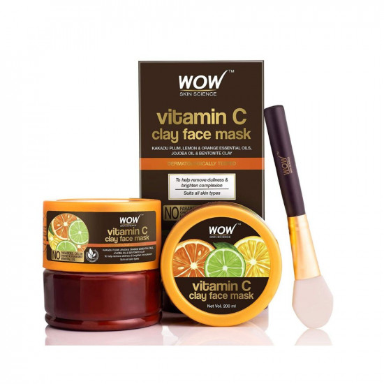 Wow Skin Science Vitamin C Glow Clay Face Mask With Lemon & Orange Essential Oils, Jojoba Oil & Bentonite Clay - For All Skin Types - No Parabens, Synthetic Fragrance, Mineral Oil & Color - 200 Ml