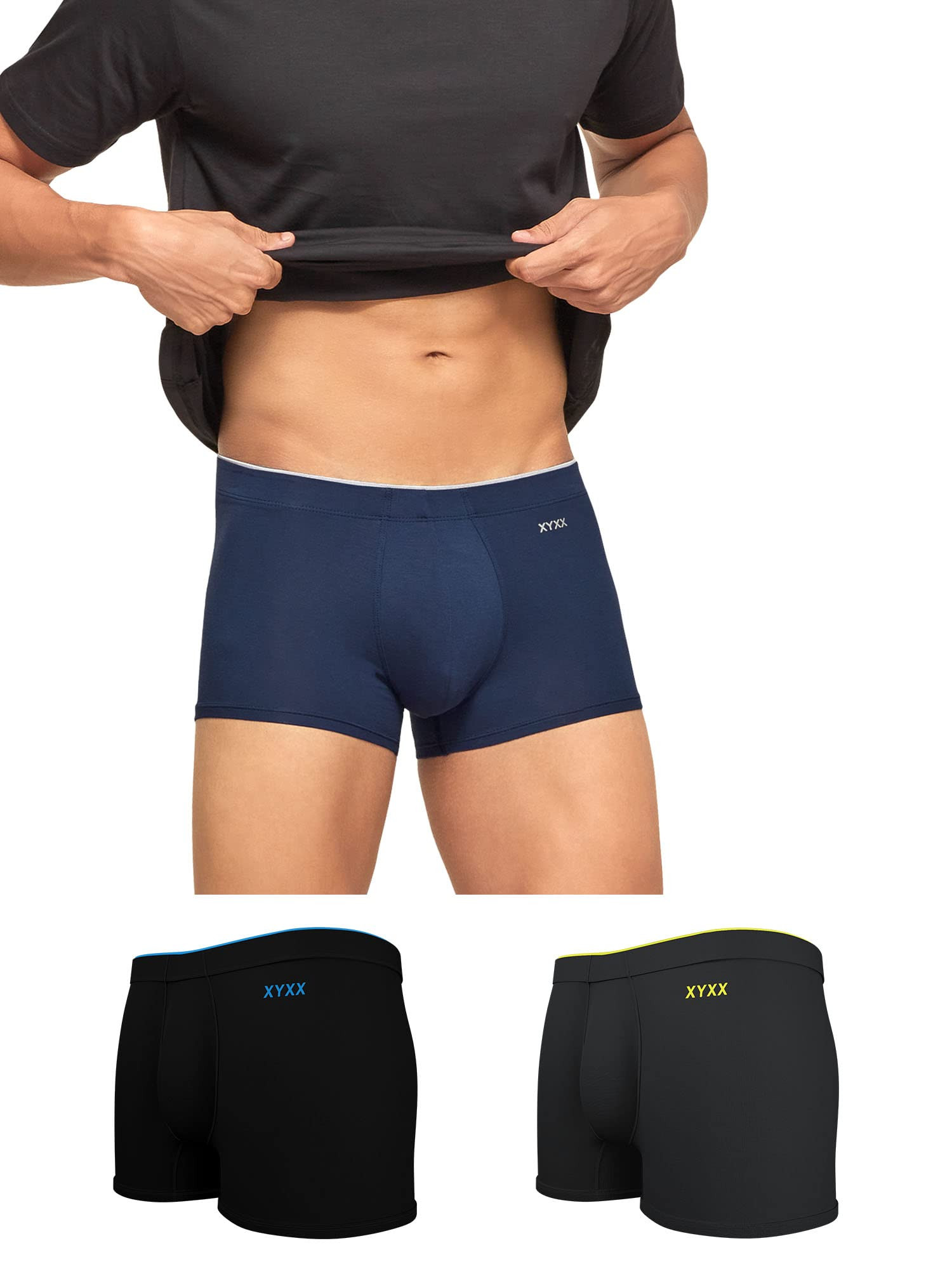 XYXX Men's Underwear Uno IntelliSoft Antimicrobial Micro Modal Trunk Pack  of 3 (Dress Blue ; Coral Grey ;