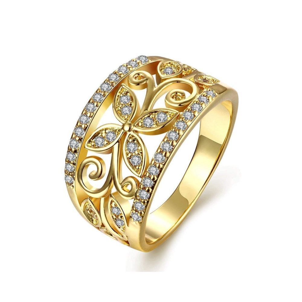 Yellow Chimes Rings for Women Crystal Studded Flower Band Golden Ring for Women and Girls.