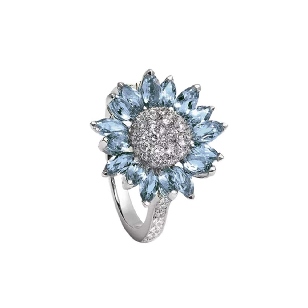 Yellow Chimes Rings for Women Floral Rings Aquamarine Blue Crystal Sunflower Shaped Silver Plated Rings for Women and Girl's