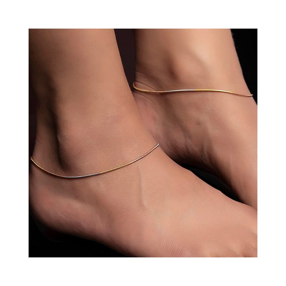 ZAVYA Silver, Gold & Rose Gold Plated 925 Pure Silver Three Tone Anklets Pair Jewelry Gift for Women