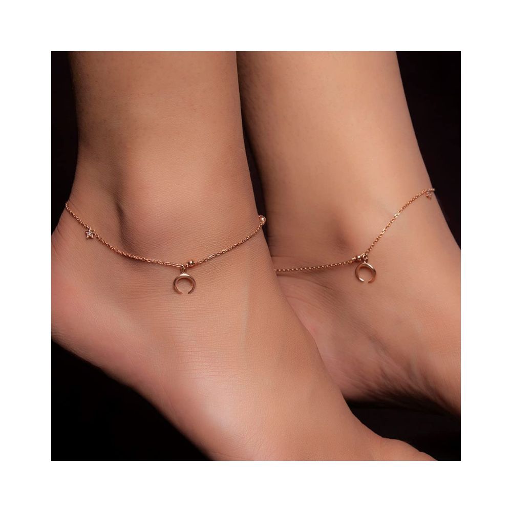 ZAVYA Women's Rose Gold Plated 925 Pure Silver Anklets Set Of 2 Designer Gift Jewelry