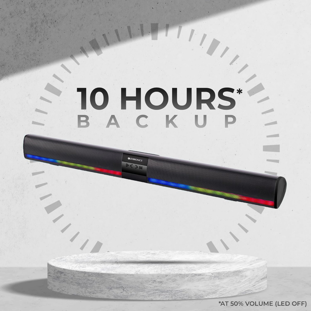 Zebronics Ace Plus Wireless Soundbar with 30W Output Dual Passive Radiator RGB LightsBuilt-in Rechargeable Battery Bluetooth 51Coaxial Input AUX FM Radio USB mSD TWS Function