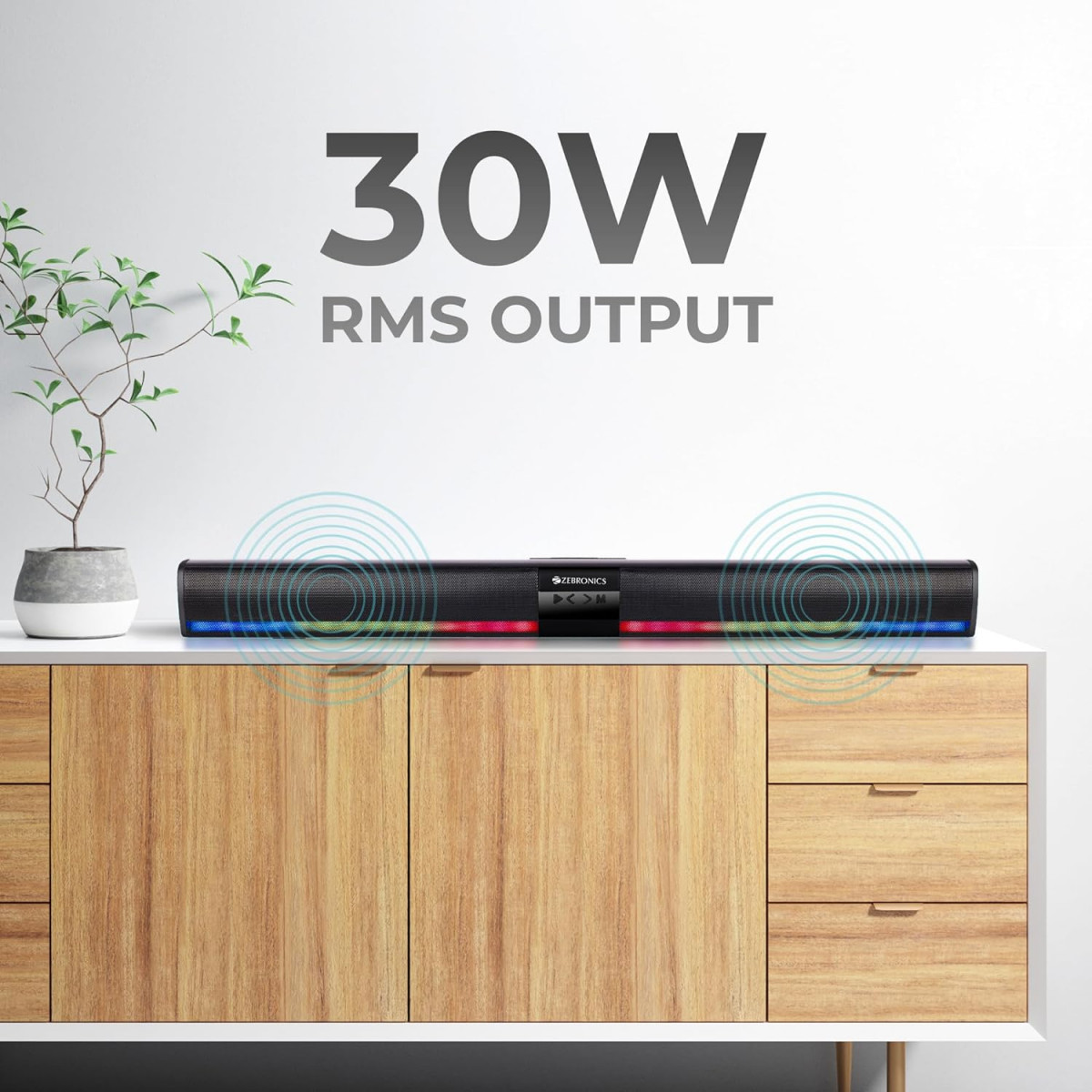 Zebronics Ace Plus Wireless Soundbar with 30W Output Dual Passive Radiator RGB LightsBuilt-in Rechargeable Battery Bluetooth 51Coaxial Input AUX FM Radio USB mSD TWS Function