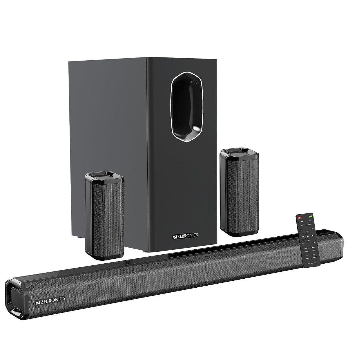 ZEBRONICS Juke BAR 7400 PRO 51 Channel soundbar with 65 subwoofer 180W RMS Dual Rear Satellites HDMI ARC Optical in AUX BT v50 USB in Remote ControlLED Display and Wall MountBlack