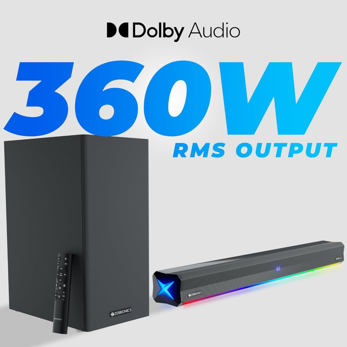 ZEBRONICS Juke BAR 900 360 Watts Dolby Audio Soundbar with Wireless Subwoofer Display Bluetooth V53 HDMI ARC Optical in USB AUX RGB LED Light Wall Mount Bracket  Fasteners