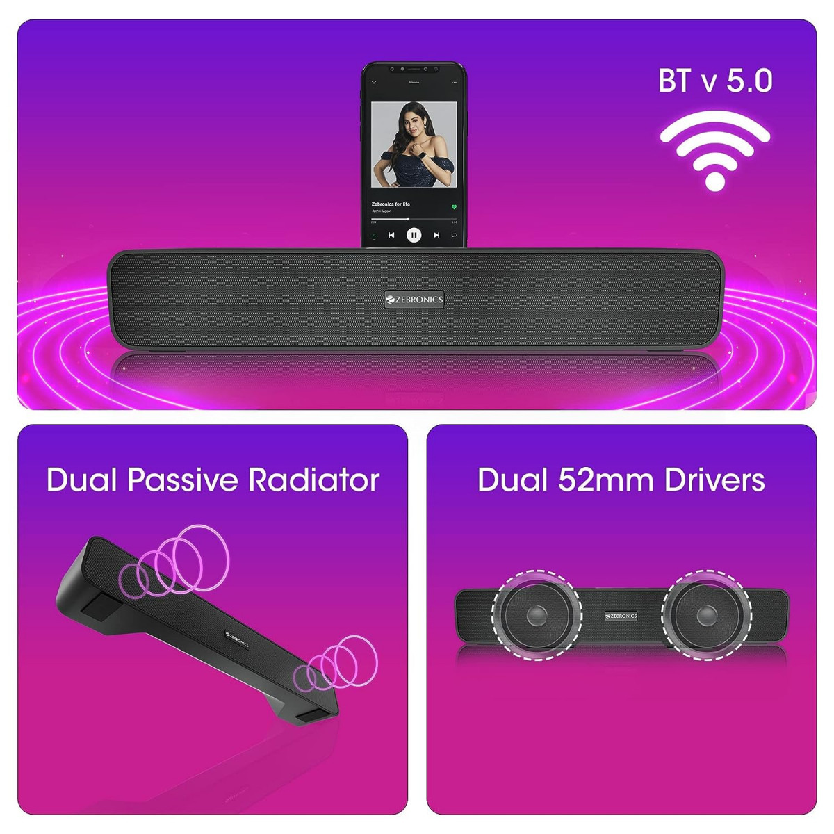 ZEBRONICS Zeb-Astra 20 Wireless BT v50 Portable Speaker with 10W RMS Output TWS 10H Backup Approx Built in Rechargeable Battery FM Radio AUX mSD USB Call Function and Dual 52mm Drivers Multi