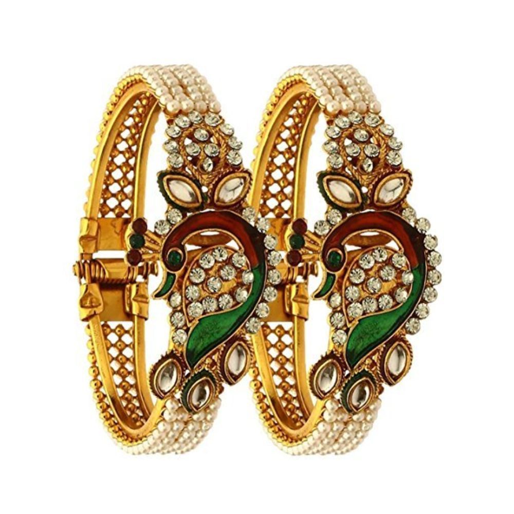 ZENEME Designer Pearl Antique Gold Plated & styled in peacock design Bangles